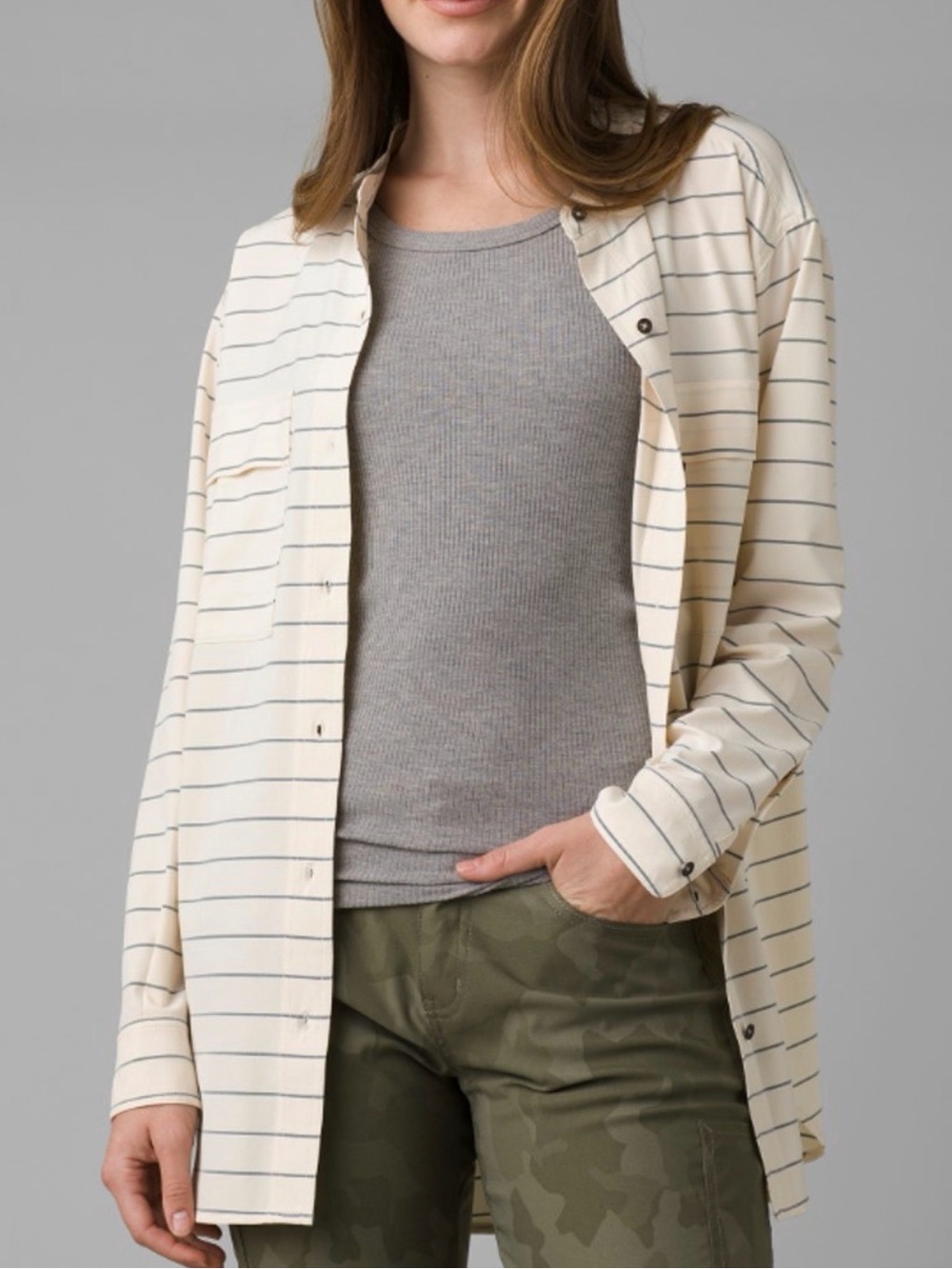 Prana Railay Tunic Top White Stripe UPF 50+ Button Up Shirt Lightweight Womens M